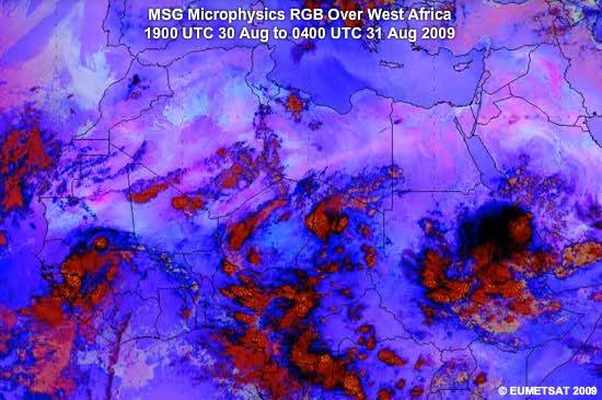 Animation of MSG Microphysics RGB images over West Africa from 1900 UTC 30 Aug to 0400 UTC 31 August 2009