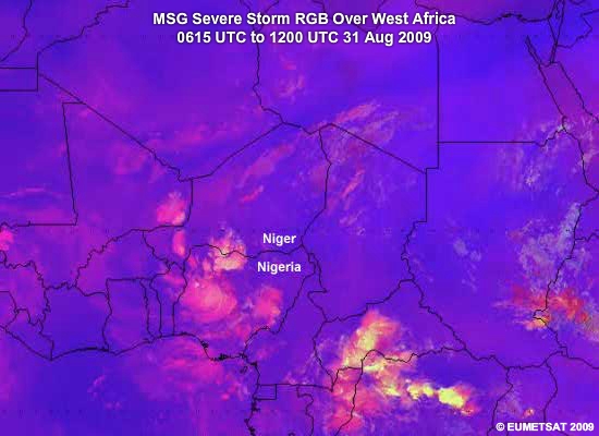 Animation of MSG Severe Storm RGB images over West Africa from 0615 UTC to 1200 UTC 31 August 2009