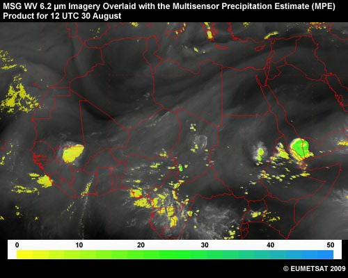Animation of MSG water vapor 6.2 micrometer channel imagery overlaid with a multisensor precipitation estimate product from 12 UTC 30 August to 12 UTC 31 August