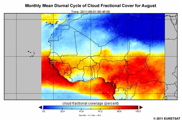 Monthly Mean Diurnal Cycle of the Cloud Fractional Coverage for August Over West and Central Africa