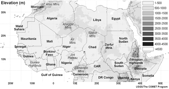 Map of north Africa elevation (m, shaded) showing locations of Cape Verde, Dakar, Bamako, and Niamey.  Shaded area marks the Sahel.


