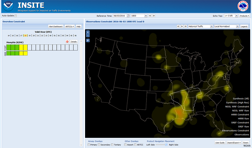 Screen capture of INSITE showing Observations Constraint heat map for 06/03/2016 1800