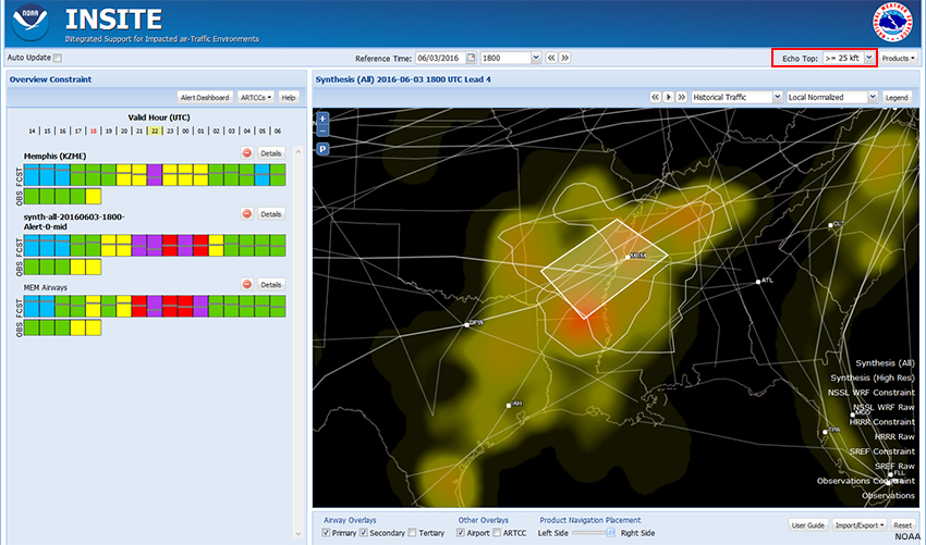 Screen capture of INSITE showing Synthesis-All for 06/03/2016 2200 with Echo Tops >=25 kft