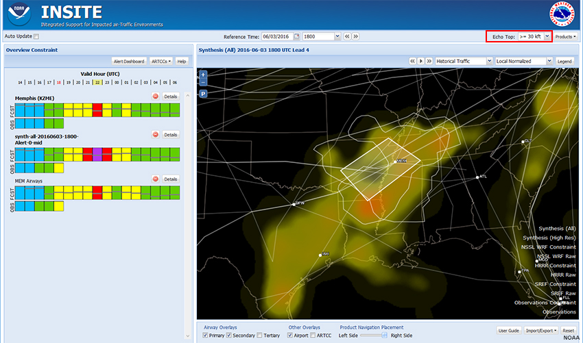 Screen capture of INSITE showing Synthesis-All for 06/03/2016 2200 with Echo Tops >=30 kft