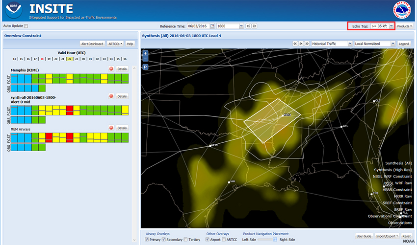 Screen capture of INSITE showing Synthesis-All for 06/03/2016 2200 with Echo Tops >=35 kft