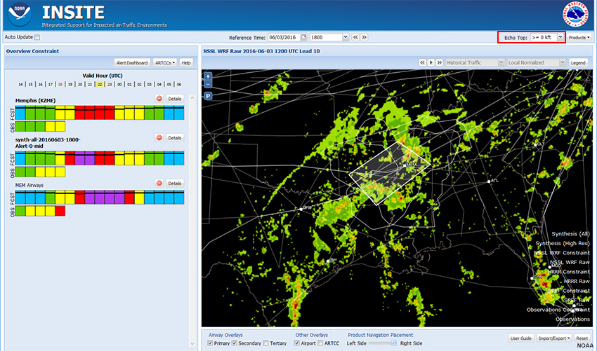 Screen capture of INSITE showing NSSL WRF Raw  for 06/03/2016 2200 with Echo Tops >=0 kft