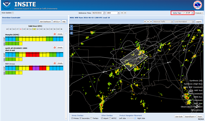 Screen capture of INSITE showing NSSL WRF Raw  for 06/03/2016 2200 with Echo Tops >=25 kft
