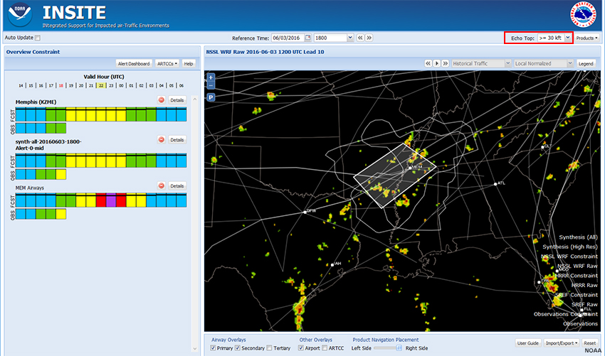 Screen capture of INSITE showing NSSL WRF Raw  for 06/03/2016 2200 with Echo Tops >=30 kft