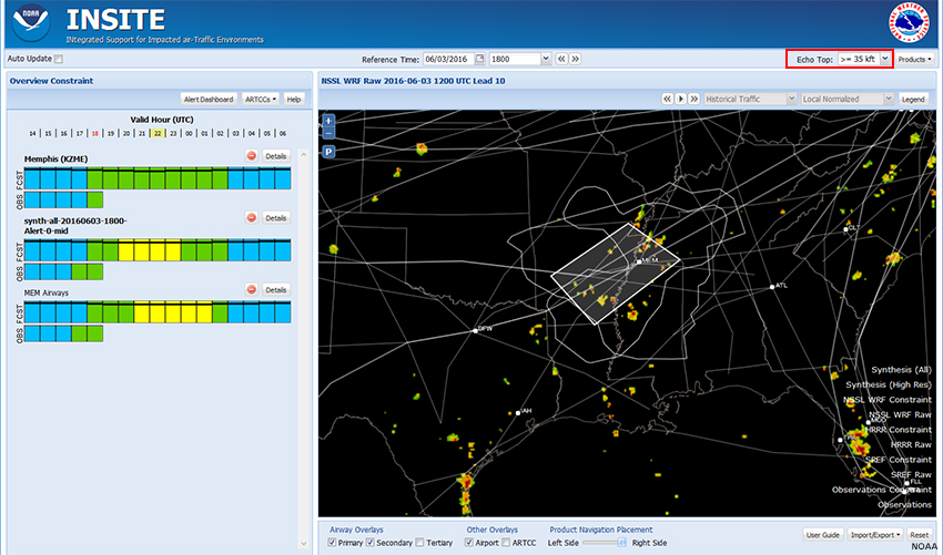 Screen capture of INSITE showing NSSL WRF Raw  for 06/03/2016 2200 with Echo Tops >=35 kft