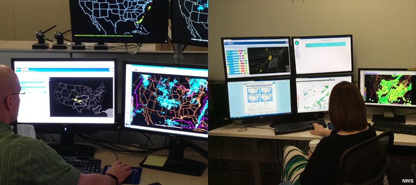 Side-by-side photos of forecasters at work