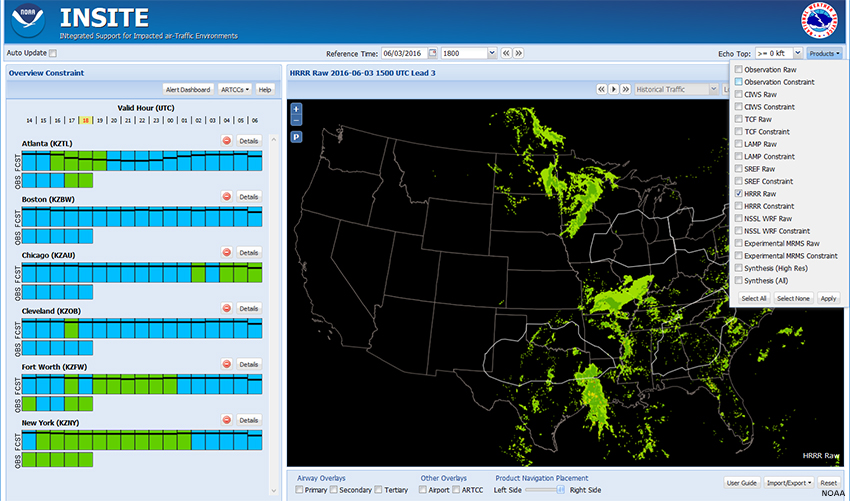 Screen capture of INSITE showing default view for 06/03/2016 1800 UTC, with product selection menu displayed