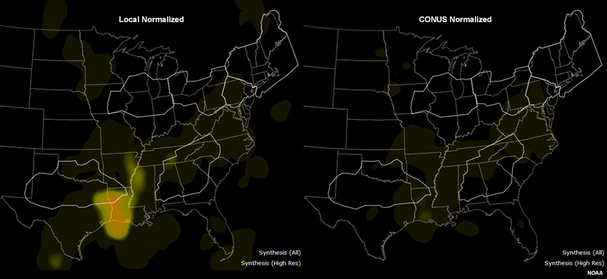 Map view of INSITE showing the difference in display for Local and CONUS normalized