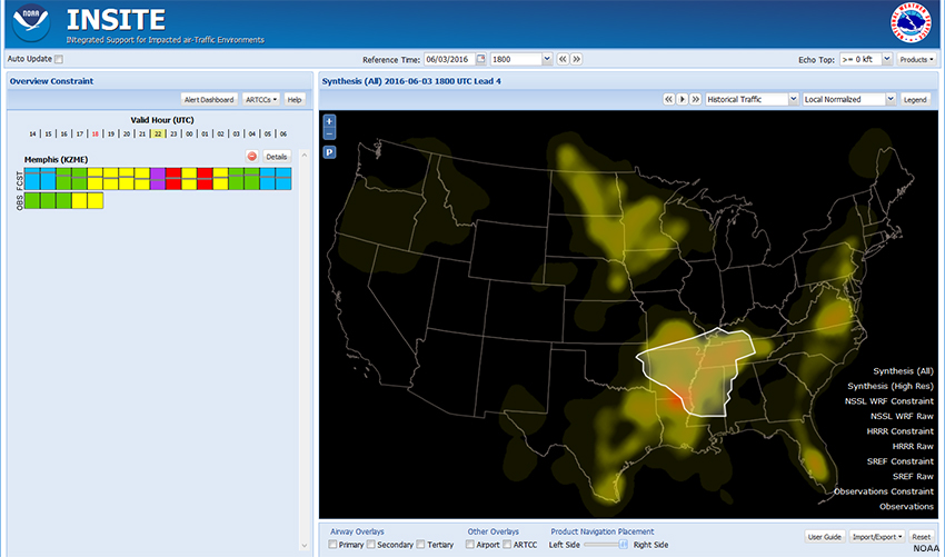 Screen capture of INSITE showing Synthesis (All) heat map for 06/03/2016 2200 with Memphis ARTCC highlighted