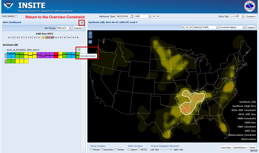 Screen capture of INSITE showing Alert Dashboar for Synthesis-All Constraint heat map for 06/03/2016 1800. Save polygon feature highlighted.