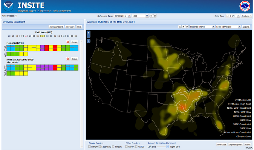 Screen capture of INSITE showing Overview constraint with CC bars for KZME and Alert polygon for Synthesis-All Constraint heat map for 06/03/2016 1800.