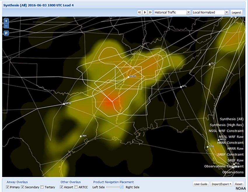 Screen capture of INSITE showing user-defined polygons for airways and MEM airport for map pane with  Synthesis-All Constraint heat map for 06/03/2016 2200-2400.