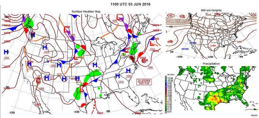 Surface weather map, 500 mb heights, and precipitation 1100 UTC 03 Jun 2016