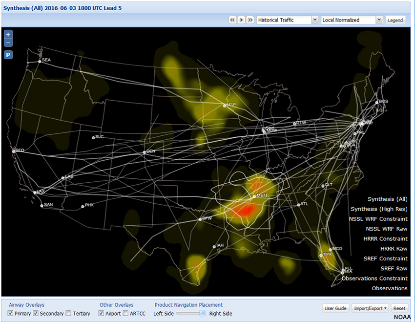 Screen capture of INSITE showing airways and airport for map pane with  Synthesis-All Constraint heat map for 06/03/2016 2200-2400.