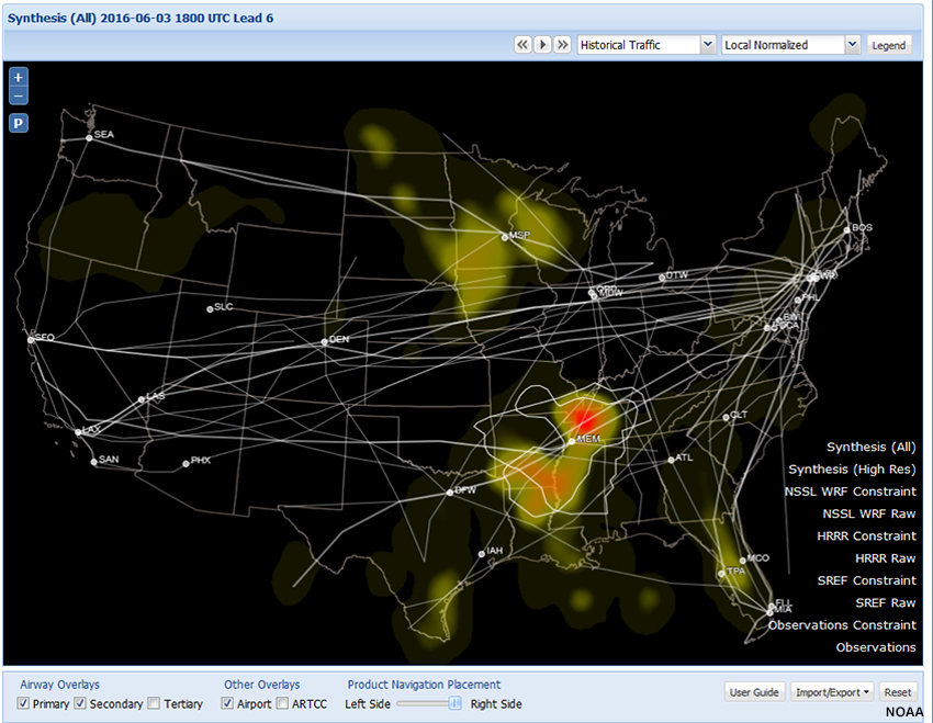 Screen capture of INSITE showing airways and airport for map pane with  Synthesis-All Constraint heat map for 06/03/2016 2200-2400.