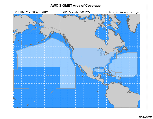 map showing SIGMET area of coverage of Aviation Weather Center