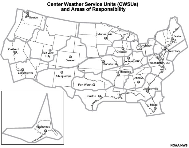 map showing areas of responsibility of the continental U.S. National Weather Service Center Weather Service Units. A CWSU is also located in Alaska.