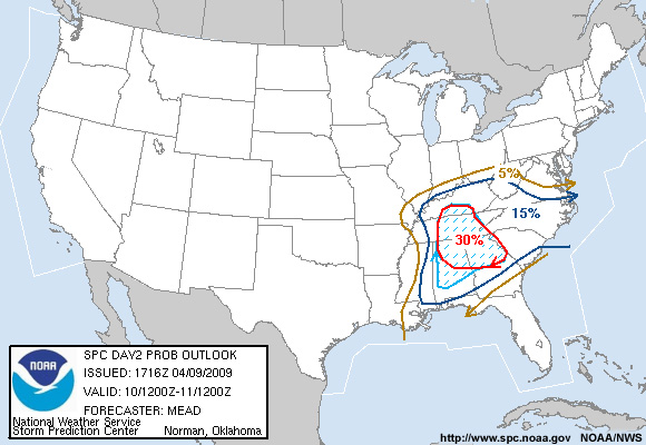 Storm Prediction Center 2-Day Probability Convective Outlook issued April 9, 2009