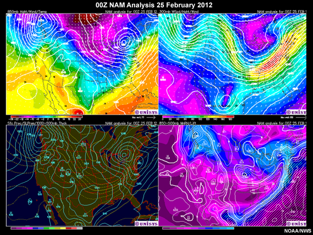 Four-panel composite of 0Z forecast analysis on February 25, 2012