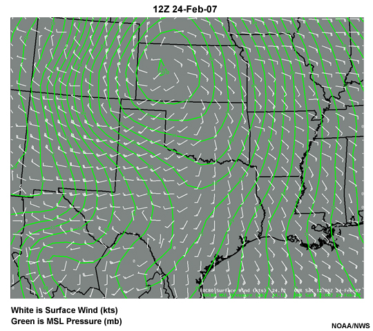 surface winds and pressure maps for 12Z Feb 24, 2007 through 00Z Feb 25, 2007