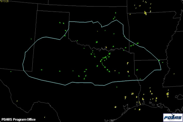 flight paths for September 18, 2011 at Dallas-Fort Worth International Airport showing weather-forced reroutes and aircraft holding