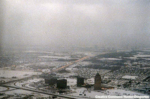 photo of snow-covered Chicago with low visibility