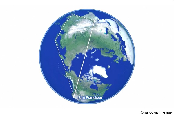 Image showing polar airline flights and how they are rerouted during radio blackout due to space storm