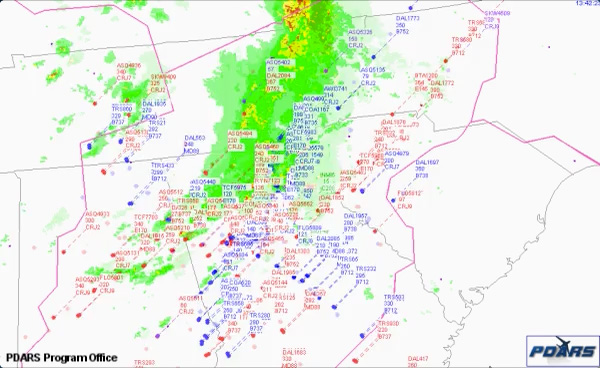 Flight path tracker for thunderstorm line affecting Atlanta airspace on April 10, 2009