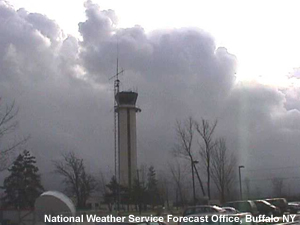 Clouds behind an airport control tower