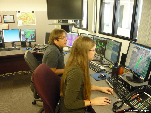 photo of forecasters on shift at a Weather Forecast Office