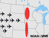 schematic showing aircraft encountering a line of thunderstorms. once the line closes, the aircraft will no longer be able to get through.