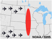 schematic showing aircraft encountering a line of thunderstorms. once the line closes, the aircraft will no longer be able to get through.