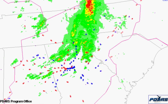 flight path tracker animation for thunderstorm line affecting Atlanta airspace on April 10, 2009