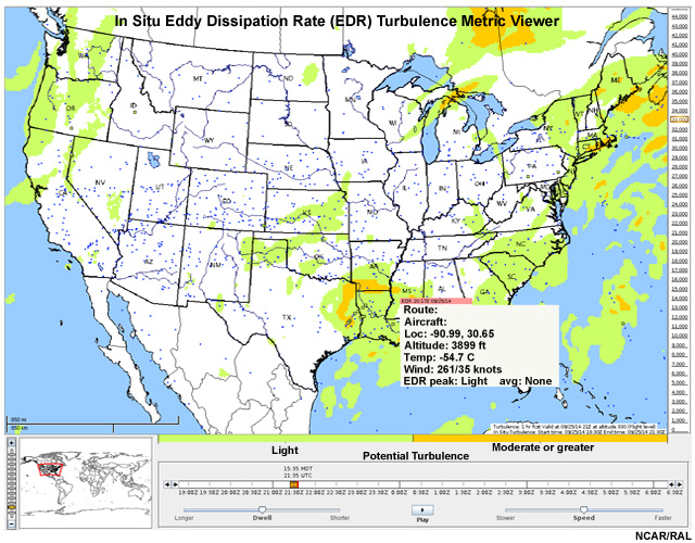 Data viewer showing three hours of EDR in situ turbulence reports - colored squares: smooth shown as blue, light as green, moderate or greater as orange.
