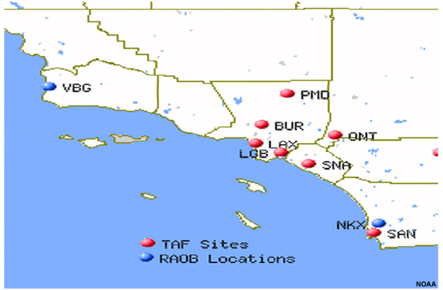Map showing the locations of LGB, LAX, BURG, ONT, SNA airports