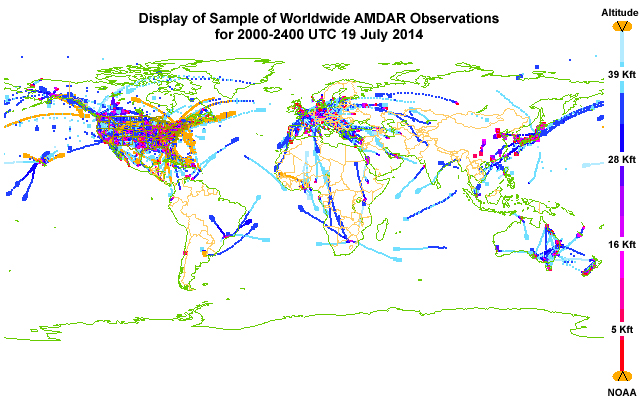 map display of global AMDAR observations for a four-hour time period in July 2014. only 8459 of 116,842 observations are shown on the map