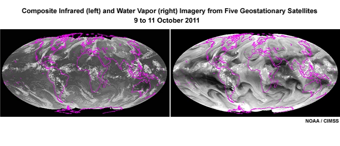 Infrared and water vapor imagery 3-hourly composites assembled from five geostationary weather satellites from 9 to 11 October, 2011.