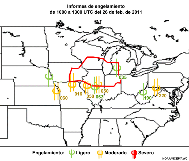 Informes de engelamiento de 1000 a 1300 UTC del 26 de febrero de 2011 sobre partes del territorio CONUS.