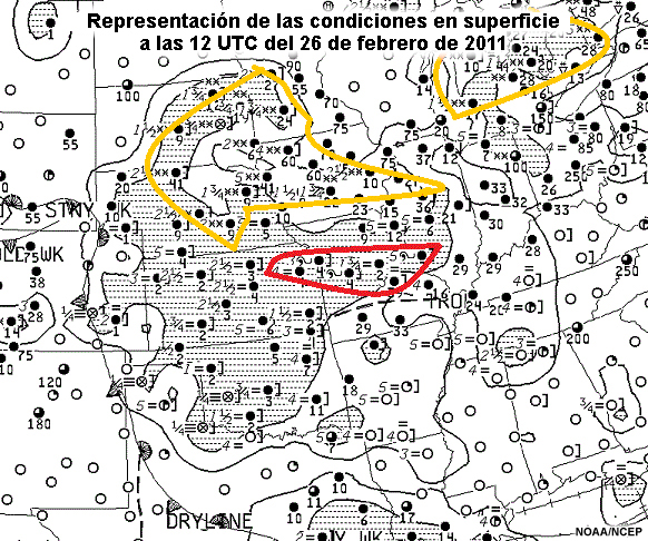 Representación de las condiciones meteorológicas en la superficie en el Medio Oeste y las Grandes Planicies a las 12 UTC del 26 de febrero de 2011 con identificación de las áreas del ejercicio.