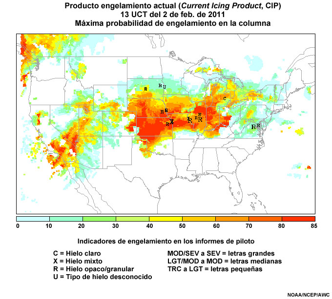 Producto engelamiento actual (Current Icing Product, CIP) de las 13 UCT del 2 de febrero de 2011 probabilidad máxima en la columna del campo de engelamiento experimental.