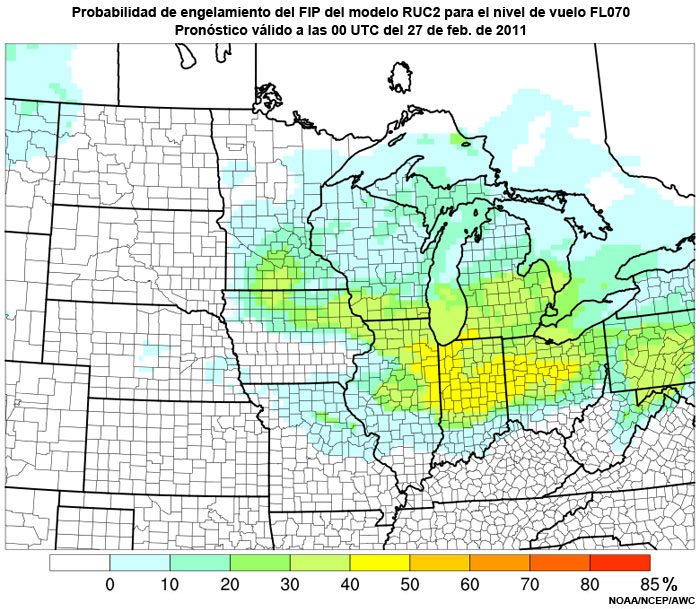 Probabilidad de engelamiento del producto engelamiento pronosticado (Forecast Icing Product, FIP) basado en el modelo RUC2 para el nivel de vuelo FL070, hora de validez del pronóstico: 00 UTC del 27 de febrero de 2011.