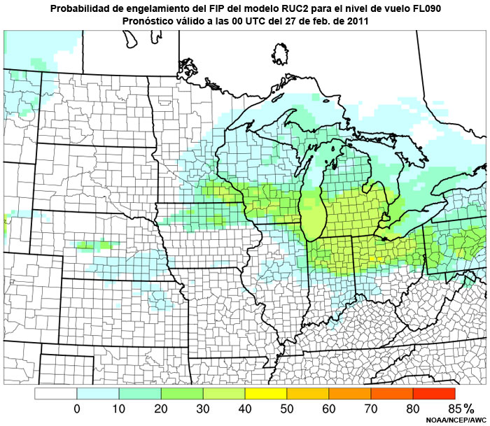 Probabilidad de engelamiento del producto engelamiento pronosticado (Forecast Icing Product, FIP) basado en el modelo RUC2 para el nivel de vuelo FL090, hora de validez del pronóstico: 00 UTC del 27 de febrero de 2011.