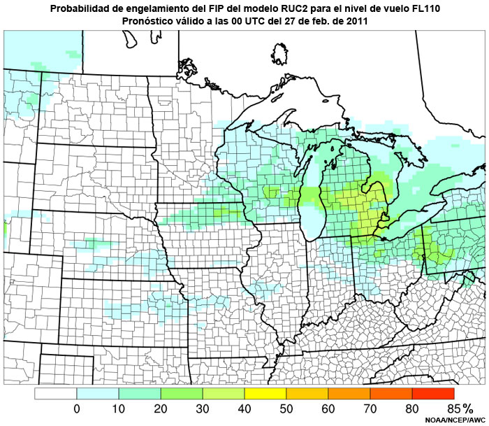 Probabilidad de engelamiento del producto engelamiento pronosticado (Forecast Icing Product, FIP) basado en el modelo RUC2 para el nivel de vuelo FL110, hora de validez del pronóstico: 00 UTC del 27 de febrero de 2011.