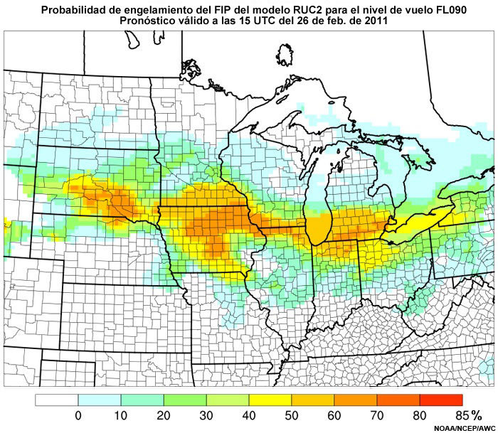 Probabilidad de engelamiento del producto engelamiento pronosticado (Forecast Icing Product, FIP) basado en el modelo RUC2 para el nivel de vuelo FL090, hora de validez del pronóstico: 15 UTC del 26 de febrero de 2011.