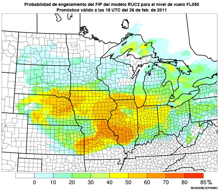 Probabilidad de engelamiento del producto engelamiento pronosticado (Forecast Icing Product, FIP) basado en el modelo RUC2 para el nivel de vuelo FL050, hora de validez del pronóstico: 18 UTC del 26 de febrero de 2011.