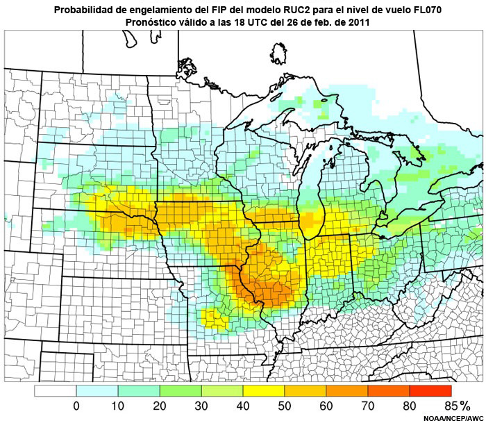 Probabilidad de engelamiento del producto engelamiento pronosticado (Forecast Icing Product, FIP) basado en el modelo RUC2 para el nivel de vuelo FL050, hora de validez del pronóstico: 18 UTC del 26 de febrero de 2011.
